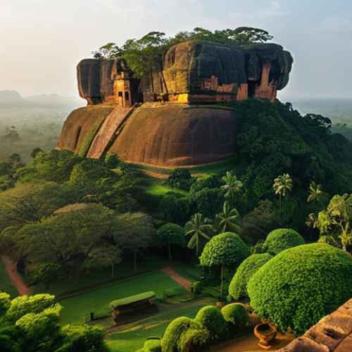 A wide-angle professional photograph capturing the majestic Sigiriya Lion Rock Fortress in Sri Lanka. The ancient Lion's Paw Terrace is prominently visible, bathed in the soft, golden light of early morning. Gentle mist rises around the base of the rock, which is surrounded by lush, well-maintained ancient gardens. The scene evokes a sense of historical grandeur and serene beauty. Perfect anatomy, correct proportions, natural pose, well-formed features, natural body proportions, high-quality, professional photography, cinematic lighting, safe for work, appropriate content, fully clothed, modest, family-friendly.