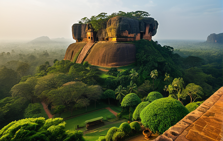 A wide-angle professional photograph capturing the majestic Sigiriya Lion Rock Fortress in Sri Lanka. The ancient Lion's Paw Terrace is prominently visible, bathed in the soft, golden light of early morning. Gentle mist rises around the base of the rock, which is surrounded by lush, well-maintained ancient gardens. The scene evokes a sense of historical grandeur and serene beauty. Perfect anatomy, correct proportions, natural pose, well-formed features, natural body proportions, high-quality, professional photography, cinematic lighting, safe for work, appropriate content, fully clothed, modest, family-friendly.
