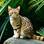 A majestic Ceylon cat, showcasing its unique "Tibby" patterned short fur with intricate brown and black stripes, and a distinct 'cobra head' mark on its back. The cat has large, almond-shaped eyes that are a vibrant golden-green, and prominent pointed ears. Its physique is balanced and elegant, with strong, well-proportioned legs. The cat is gracefully perched on a sun-dappled mossy rock amidst lush, verdant Sri Lankan tropical foliage, evoking a sense of ancient beauty and tranquility. Soft natural light illuminates its fur, highlighting its natural luster. Professional animal photography, intricate details, high resolution, perfect anatomy, correct proportions, natural pose, safe for work, appropriate content, family-friendly.