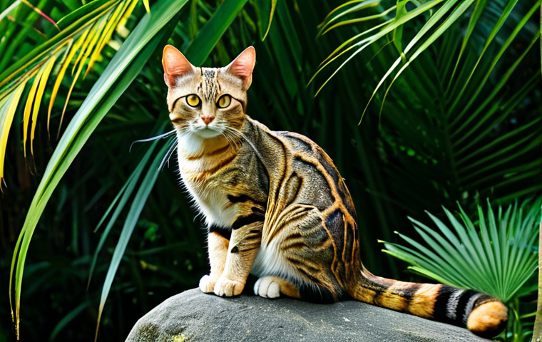 A majestic Ceylon cat, showcasing its unique "Tibby" patterned short fur with intricate brown and black stripes, and a distinct 'cobra head' mark on its back. The cat has large, almond-shaped eyes that are a vibrant golden-green, and prominent pointed ears. Its physique is balanced and elegant, with strong, well-proportioned legs. The cat is gracefully perched on a sun-dappled mossy rock amidst lush, verdant Sri Lankan tropical foliage, evoking a sense of ancient beauty and tranquility. Soft natural light illuminates its fur, highlighting its natural luster. Professional animal photography, intricate details, high resolution, perfect anatomy, correct proportions, natural pose, safe for work, appropriate content, family-friendly.